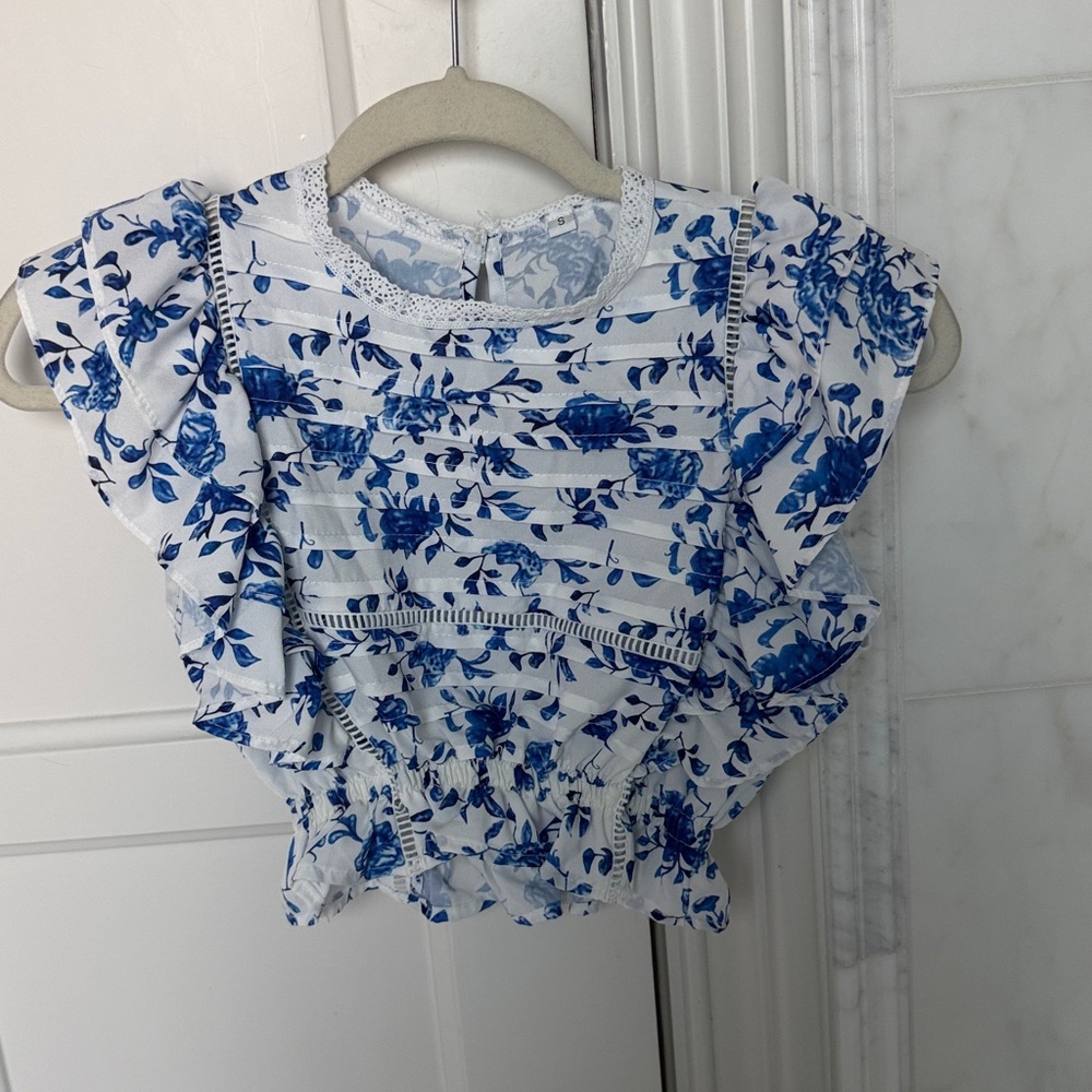 Blue Floral Ruffle Two-Piece Outfit - Picture 3 of 4